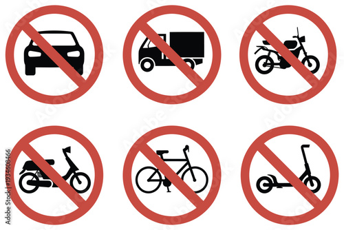 No vehicle entry sign vector set featuring prohibited transport icons, red circle with line symbols, perfect for traffic safety, road signs, urban planning, and vector illustration projects.