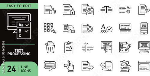 Diverse text processing and editing line icons for digital document management and content creation.
