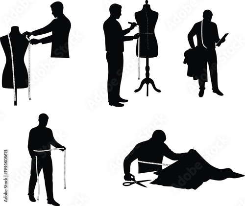 Tailoring silhouette illustration, fashion design activity, measuring and cutting fabric, garment creation concept, black vector graphic, stylist and dressmaker tools