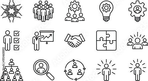 Teamwork Collaboration Outline Icons Set – Leadership, Management, Communication, HR Development and Business Cooperation Line Vector Illustrations for Organizational Success