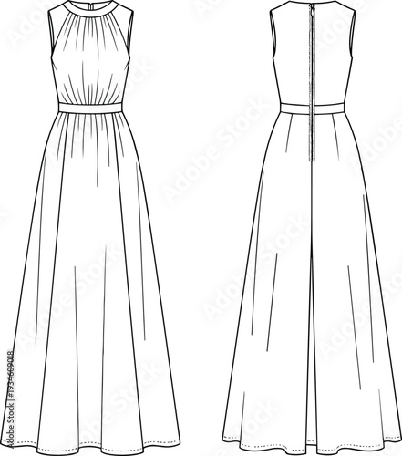 Technical Flat Sketch of Elegant Sleeveless Maxi Dress, High Neckline, Gathered Bodice, Waistband, and Full Skirt Apparel Vector Illustration