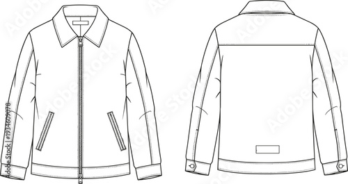 Technical Flat Sketch of Men's Classic Collared Jacket, Full Zip Closure, Welt Pockets, Button Cuffs, and Hem Band Apparel, cad drawing flat vector illustration