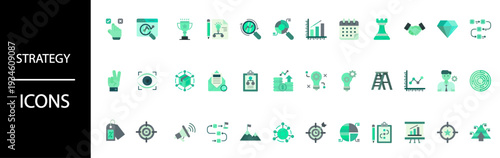 Collection of modern green strategy icons for business and marketing