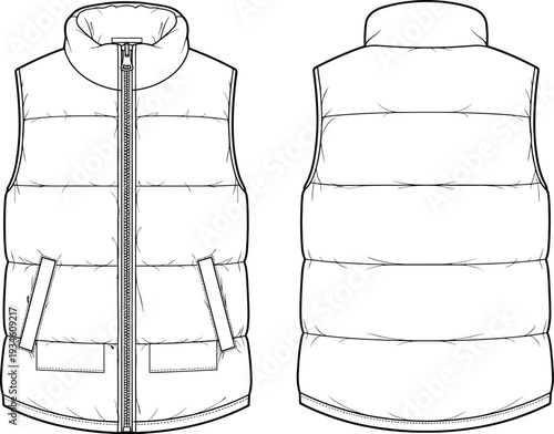 Technical Flat Sketch of Quilted Puffer Vest, Down Insulated Bodywarmer, Stand Collar, Full Zipper, and Side Pockets, cad drawing flat vector illustration
