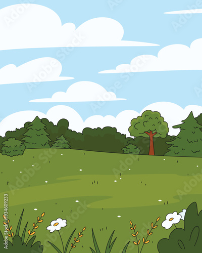 Landscape spring summer meadow in forest with flowers, grass field with blue sky, cloudy background