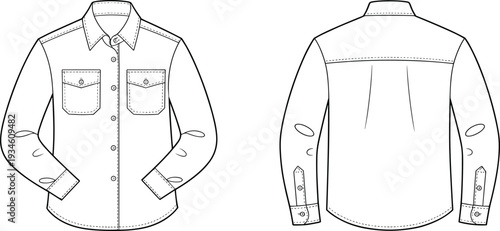 Technical flat sketch, button up shirt design, long sleeve garment, vector illustration, CAD drawing, apparel template, clothing pattern, pocket pleat detail
