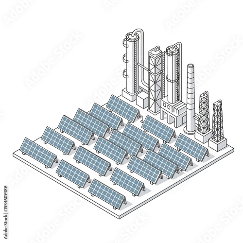 Isometric illustration of a solar power plant integrated with an industrial facility, showcasing renewable energy production alongside manufacturing infrastructure.
