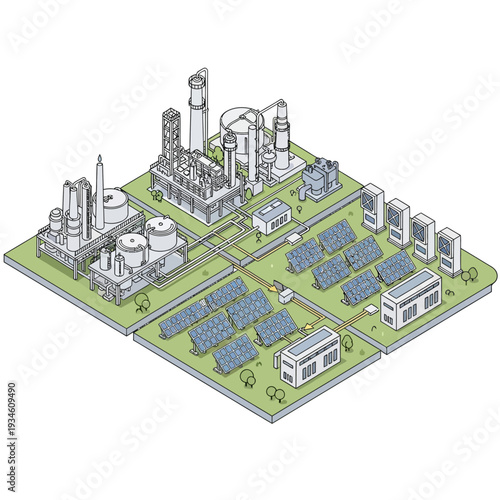 An isometric illustration showcasing a modern industrial complex integrated with a solar power generation system, highlighting renewable energy solutions for industrial operations.
