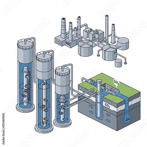 Diagram illustrating the process of carbon capture and storage from industrial emissions, showing capture towers and underground sequestration.