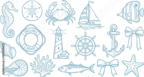 Maritime and nautical icon collection in hand-drawn line art style, marine life, sailing ships, lighthouse, and welcome aboard lifebuoy.