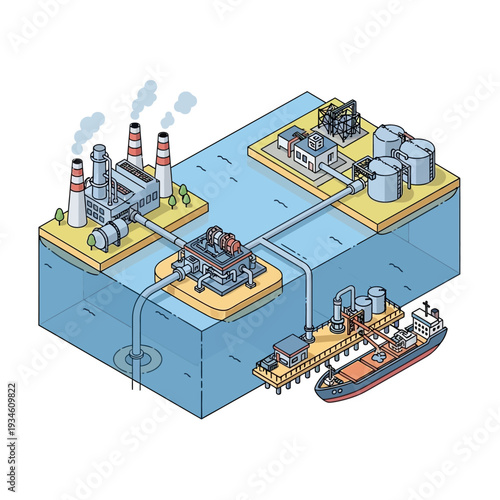 Illustration depicting an offshore oil and gas production facility, including a platform, processing plant, storage tanks, and a shuttle tanker for transportation.