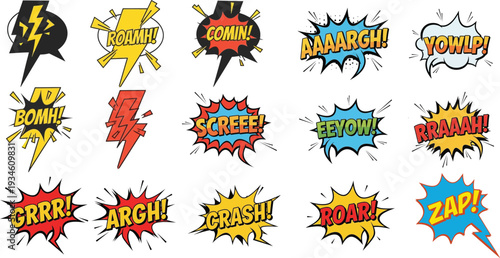 Vector illustration of colorful comic book explosion speech bubbles with dynamic effects
