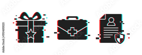 Gift box medical kit and protected document icons on white background. Glitch effect