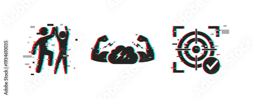 Healthcare icons showing support strength and target symbols. Glitch effect