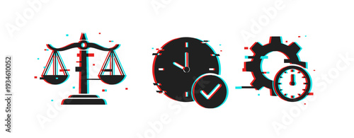 Justice scale alongside clock and gear denoting time efficiency. Glitch effect