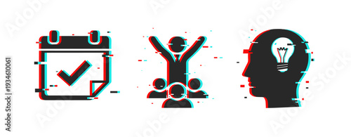 Productivity set showing task complete and team celebration on white. Glitch effect