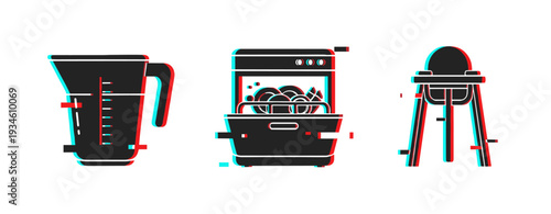 Kitchen utensils arranged with glitch effect on white background. Glitch effect