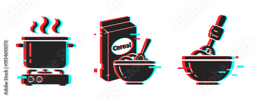 Cooking icons showing preparation mixing and breakfast on white background. Glitch effect