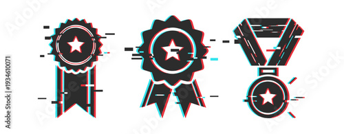 Award ribbons medal icons indicating achievement on white background. Glitch effect