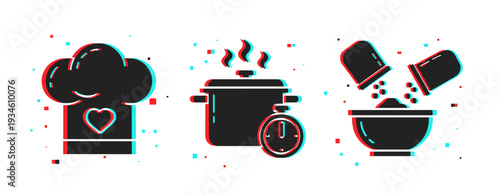 Chef hat pot and mixing bowl icons displayed on white. Glitch effect