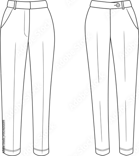 Technical flat sketch, trousers fashion design, women’s pants illustration, vector template, CAD drawing, apparel pattern, clothing construction, waistband detail, straight leg style