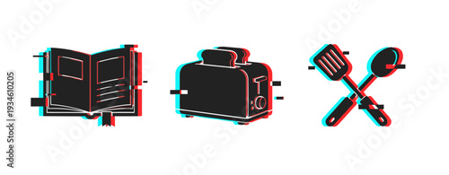 Book, toaster and utensils showing cooking and reading. Glitch effect