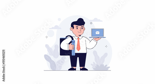 A cheerful person in a suit holds a laptop with an email icon and a briefcase