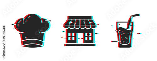 Chef hat storefront and drink icons representing food service on white. Glitch effect