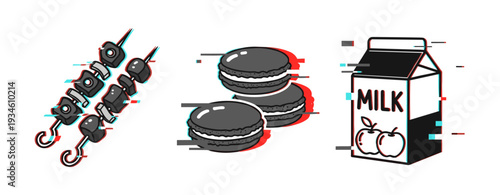 Skewers grilling, macarons stacked, milk carton packaged on white. Glitch effect