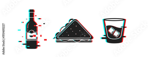 Alcohol bottle sandwich and glass with glitch effect on white. Glitch effect