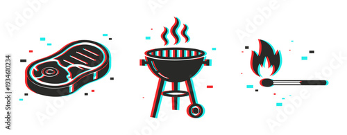 Meat grilling tools and flame elements on white background. Glitch effect