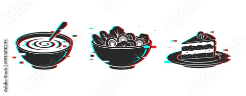 Food icons showing soup salad and cake on white background. Glitch effect