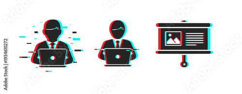 Business professionals working on laptops in presentation setting. Glitch effect