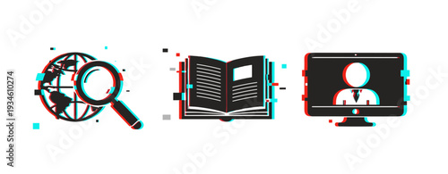Globe magnifier book and monitor icons presented on white background. Glitch effect