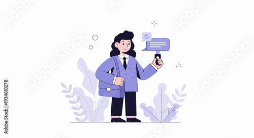 Person in suit with messenger bag using smartphone with chat bubble
