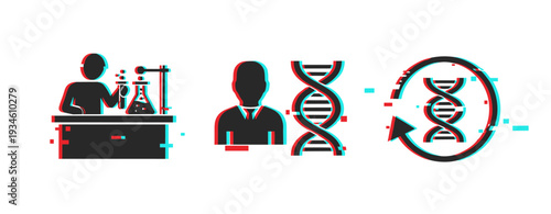Scientist and dna icons showing genetic symbols on white background. Glitch effect