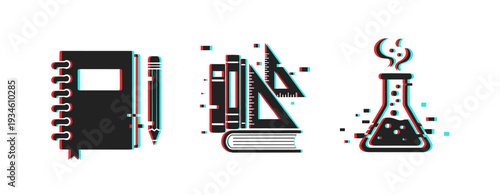 Education icons showing writing, study, and science tools on white. Glitch effect