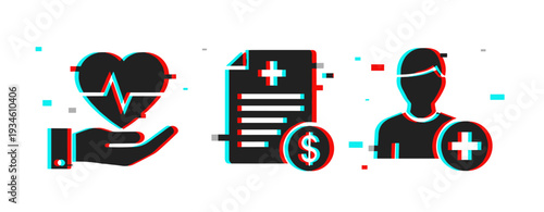 Healthcare billing and patient care icons on white background. Glitch effect