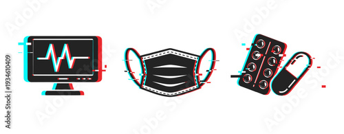 Medical supplies and protection icons indicating healthcare use. Glitch effect