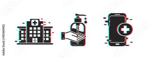 Healthcare icons depicting hospital hygiene and telemedicine on white background. Glitch effect