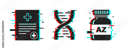 Medical icons showing record dna vaccine bottle on white background. Glitch effect