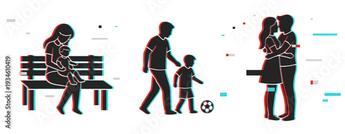 Parents interacting with children in park and relationship scenes. Glitch effect