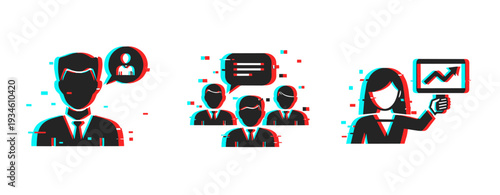 Business people communicating and presenting in icon set. Glitch effect
