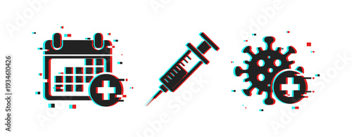 Vaccination schedule syringe and virus icons on white background. Glitch effect