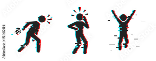 Running figure surprised and celebrating poses on white. Glitch effect