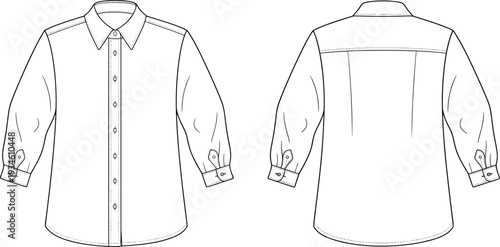 Technical shirt drawing, fashion flat sketch, vector illustration, long sleeve button shirt, apparel design template, clothing blueprint, tailored garment, CAD fashion