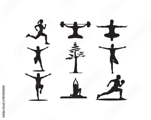 Nine black silhouette figures engaged in fitness and outdoor activities including running weightlifting yoga and a tree