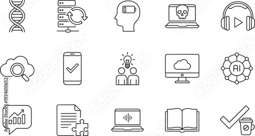 Technology and AI icon set, black and white line icons, data, cloud computing, cybersecurity, vector illustration pack