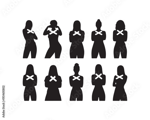 Ten black female silhouettes with arms crossed in various poses on a white background