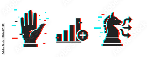 Glitch effect: hand gesture, chart, chess knight silhouettes in 3d anaglyph